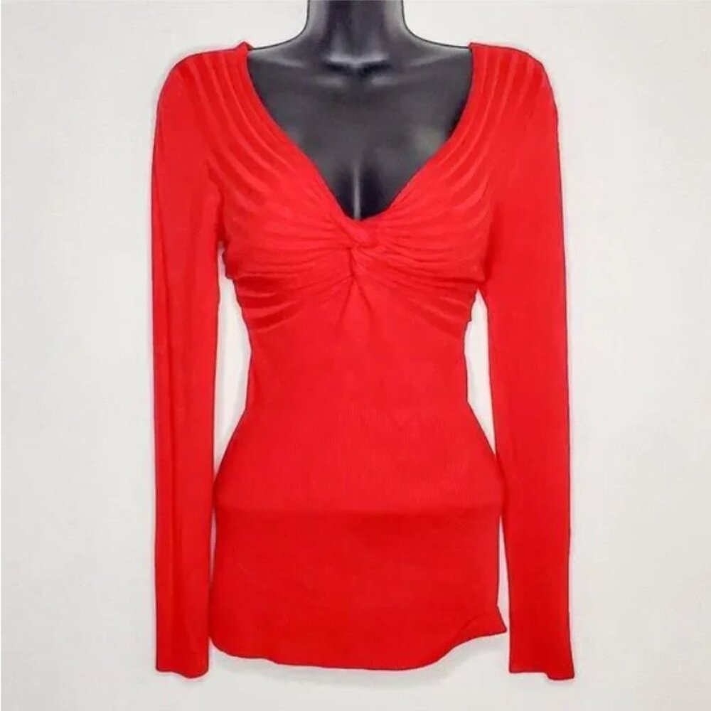 Candies Rich Red Twist Front Sweetheart Neck Fitted Sweater Top